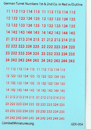 1/300-1/600 German Turret Numbers in Red w/ Outline Waterslide Decals