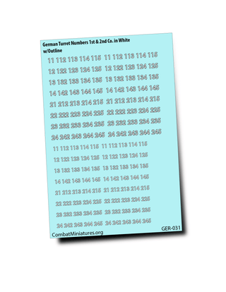 1/300 - 1/600 German Turret Numbers in White w/ Outline Waterslide Decals - Combat Miniatures