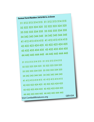 German Turret Numbers in Green Waterslide Decals (3rd - 4th Companies) - Combat Miniatures