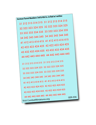 German Turret Numbers in Red w/Outline Waterslide Decals (3rd - 4th Companies) - Combat Miniatures