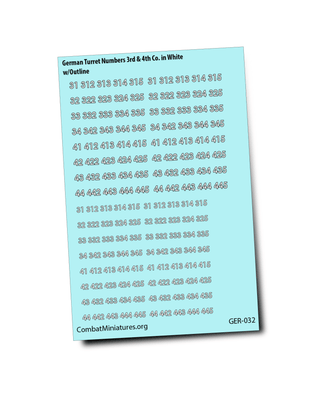 German Turret Numbers in White w/ Outline Waterslide Decals (3rd - 4th Companies) - Combat Miniatures