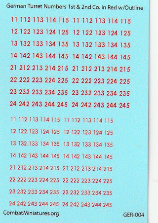 1/300 - 1/600 German Turret Numbers in Red w/ Outline Waterslide Decals - Combat Miniatures