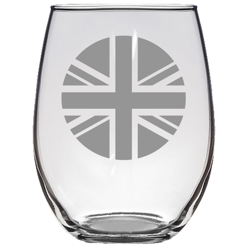 Union Jack Roundel Stemless Wine Glass Laser Etched No Colored Art