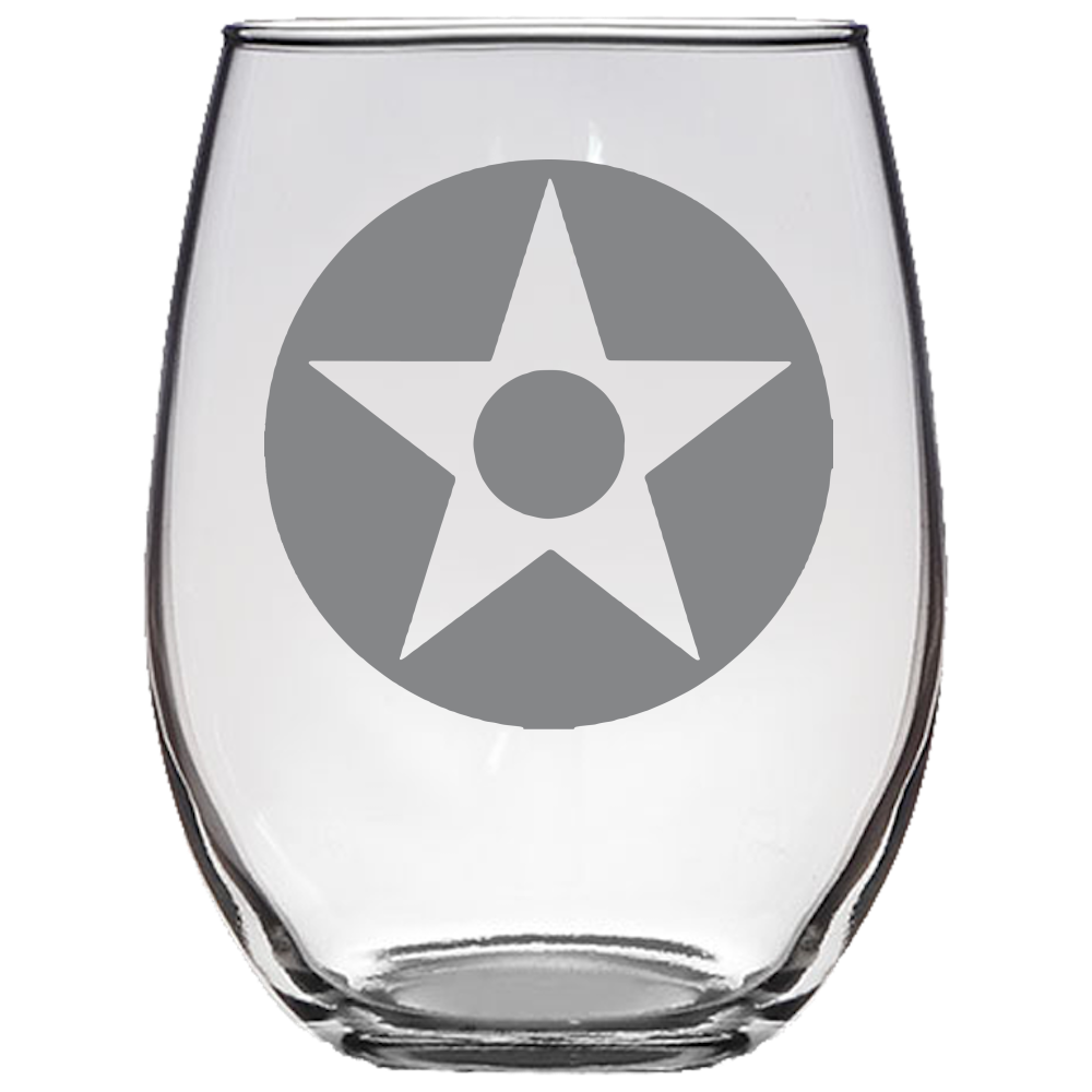 US Star with Red Dot Roundel Stemless Wine Glass Laser Etched No Colored Art