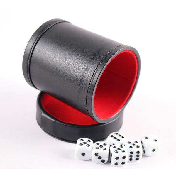 Black PU Leather Dice Cup with Red Flannel Interior and Lid, Comes With 6pcs Dices