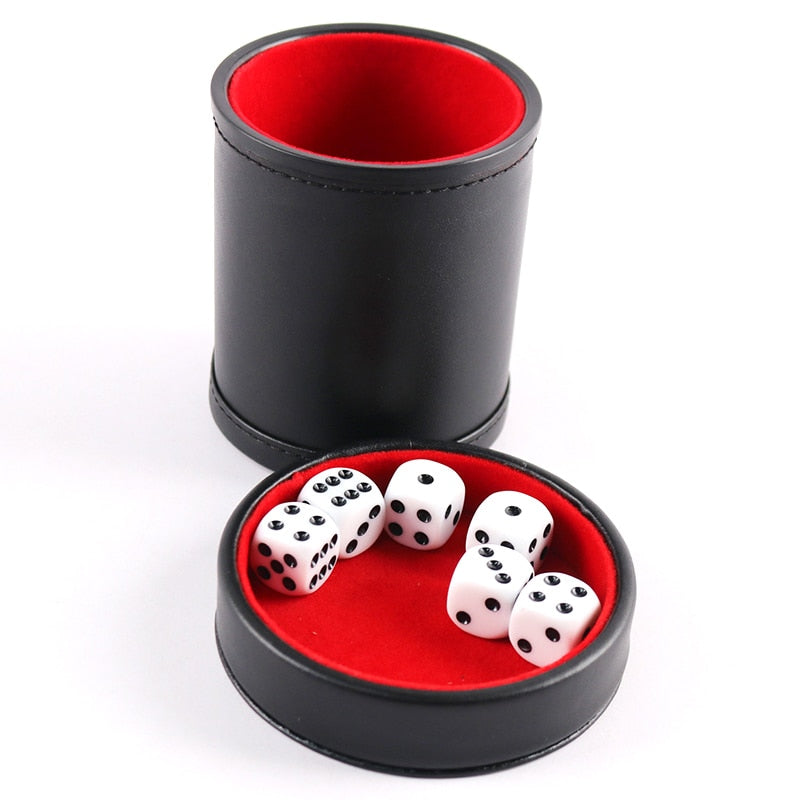 Black PU Leather Dice Cup with Red Flannel Interior and Lid, Comes With 6pcs Dices