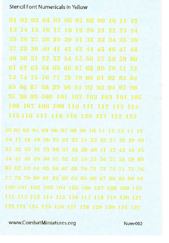 1/285 Stencil Numbers in Yellow Water Slide Decals